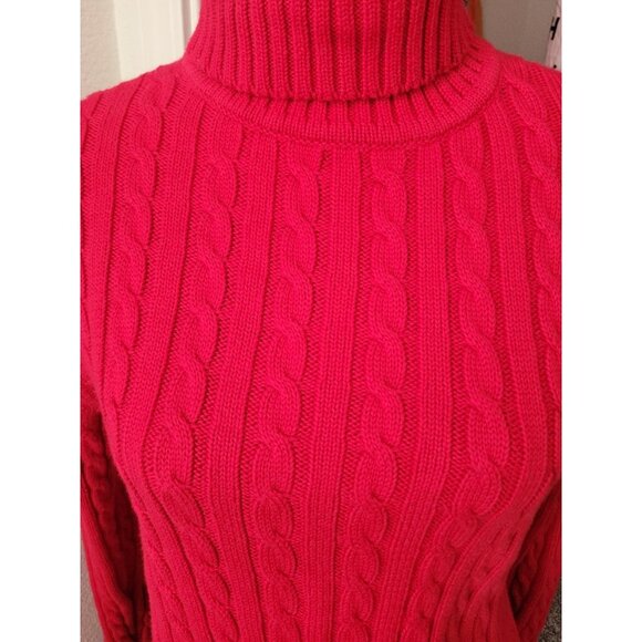 LL Bean Cable Knit Turtleneck Sweater Wmn L LS Red Christmas Holiday Fisherman - Picture 2 of 13